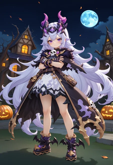 masterpiece, best quality, very aesthetic, absurdres, rom_hela_xl,
1girl, purple hair, horns, purple eyes, grumpy, skull on chest, fingerless gloves, saddlebag,
full body, standing, crossed arms, haunted house, withered trees, bats, halloween bucket, pumpkin,
outdoors, moon, (wind, falling leaves, light particles:1.4), light rays, tyndall effect, vivid colors, tranquil and magical atmosphere,
shiny skin, beautiful face, beautiful eyes, extreme detailed, official art, professional illustration, hires,
<lora:rom_hela_xl:1>, <lora:aesthetic_anime_v1s:0.5>, <lora:add_details_xl:0.5>