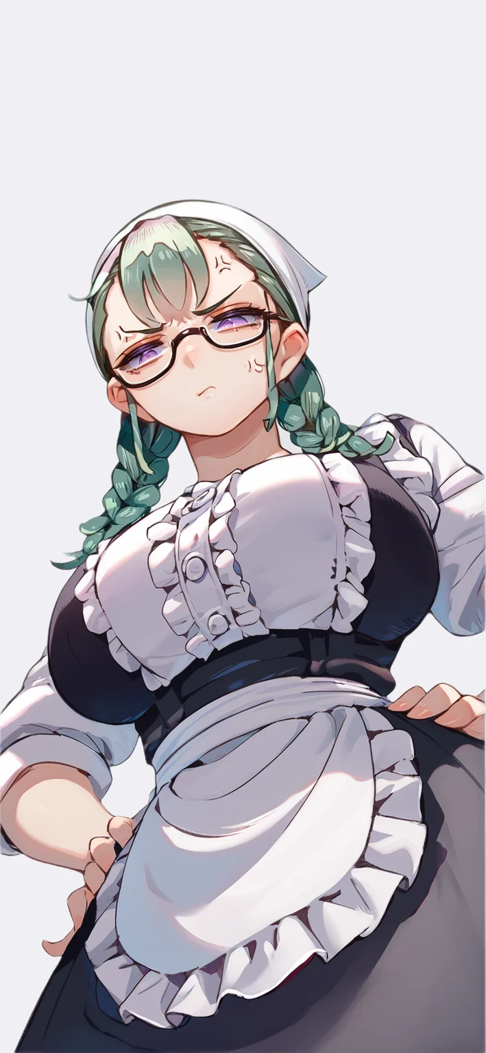 score_9, score_8, score_7, solo, 1girl, (sketch:0.5)  maid, green hair, twin braids, long hair, black glasses, (purple eyes),  bandana, waist apron, large breasts, frills, black skirt, bangs,  hands on hips, annoyed, from below,  simple background, light background,