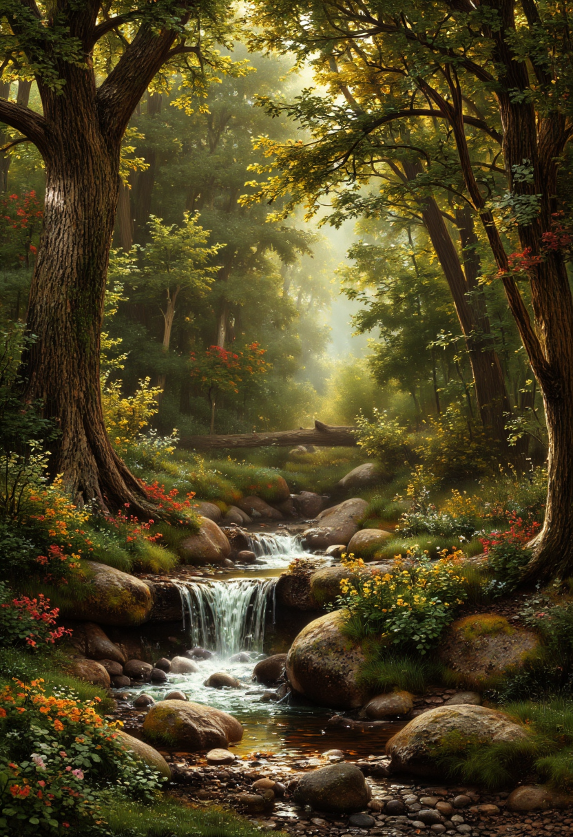 Explore the vibrant colors and intricate details of a lush forest in this nature-inspired illustration. From the towering trees to the delicate flowers, let your imagination run wild with this unique and visually descriptive promptl<lora:Cottagecore_Flux:0.9> <lora:AS_v2:1> <lora:fluxenhancer:0.5>