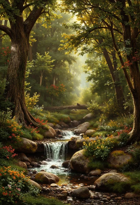Explore the vibrant colors and intricate details of a lush forest in this nature-inspired illustration. From the towering trees to the delicate flowers, let your imagination run wild with this unique and visually descriptive promptl<lora:Cottagecore_Flux:0.9> <lora:AS_v2:1> <lora:fluxenhancer:0.5>