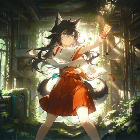 cute girl ,miko,wolf ears,wolf tail,Long hair,black hair, tareme,aqua eyes,close mouth,skin fang, messy hair , glasses, large breasts, magatama pendant, ofuda,detached sleeves,wide sleeves,kimono,hakama,short skirt,((fantasy)),((dark library )),indoors,light particle,light rays,glowing,moss,nature,dappled sunlight ,crack,vines,post-apocalypse ,overgrown ,(abandoned ),holding ofuda,fighting_stance ,BREAK,(masterpiece, best quality, very aesthetic, absurdres),Dramatic Lighting, pose,feet out of frame
usnr,