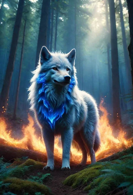 A royal flaming wolf emerging from a magical big forest, blue flames, front facing, portrait, closeup, dark, bokeh, dawn, god rays, highly detailed, highres, Cinematic, Cinemascope, astonishing, epic, gorgeous, ral-fluff