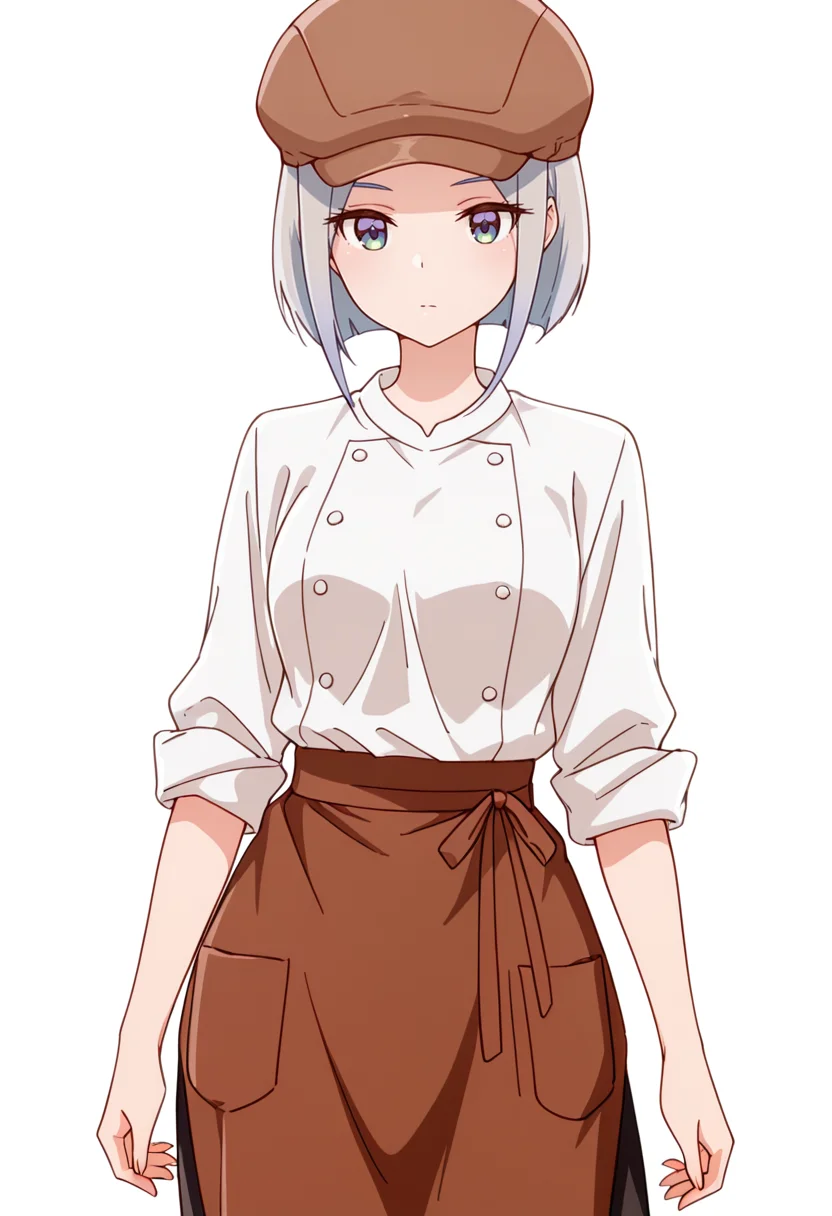masterpiece,high quality details,absurdres, 
 <lora:Nishidera_Nene:0.8>
nene_cnr, 1girl, grey hair, short hair, 
nene_s2,cabbie hat, white shirt,brown waist apron, brown skirt,sleeves rolled up,black pants, buttons,, simple background, white background, front view,solo,, . .,