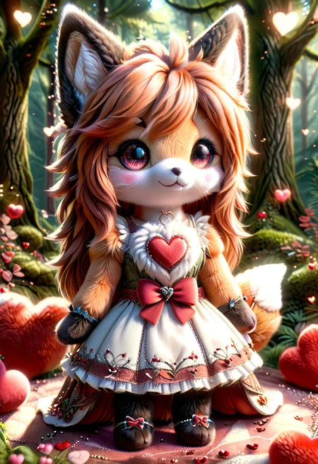 score_9, score_8_up, score_7_up, beautiful, intricate details, detailed background, ((ral-smlvltnpls, highly detailed, very fluffy, fox, anthro, fox plushie, long ginger hair, detailed pink eyes, cute dress)), forest