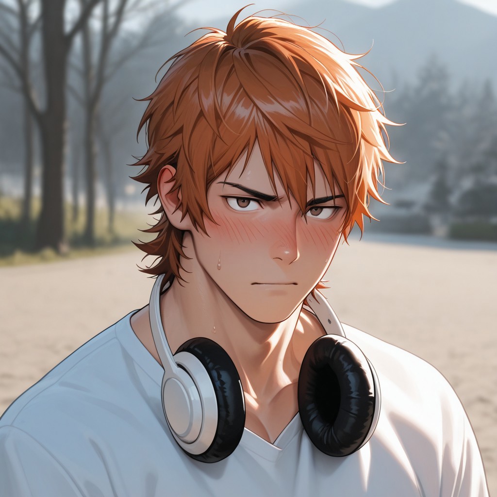 masterpiece, best quality, amazing quality, absurdres, newest, detailed background, definition so sharp, Ultra-HD, 8K cinematic, very awa, impressionate, amazing quality, highres, 
solo, male focus, manly, mature male, bara, charming, cool, badass, cold light, blurry background, outdoor, 
1boy, short hair, headphone around neck, misakiyata, misaki_orange hair, misaki_brown eyes, white t-shirt, blushing, scratch head, looking at viewer, slightly face turning away