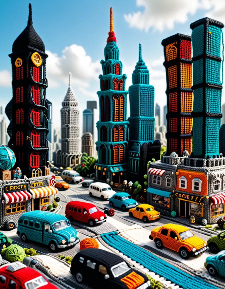A post-apocalyptic city entirely crocheted, with skyscrapers unraveling and loose threads cascading down; vehicles and characters crocheted in mid-collapse; a melting crochet sky; intricate, textured details; surreal and haunting; symbolic of human fragility; a mix of awe and dread. <lora:SDXLFaeTastic2400:0.4> <lora:extremely_detailed:0.4> extremely detailed, <lora:cr0ch3t3d:1>,cr0ch3t3d, Masterpiece,best quality,hi res,8k,hi res,8k,award winning,(sharp focus, intricate, highly detailed),