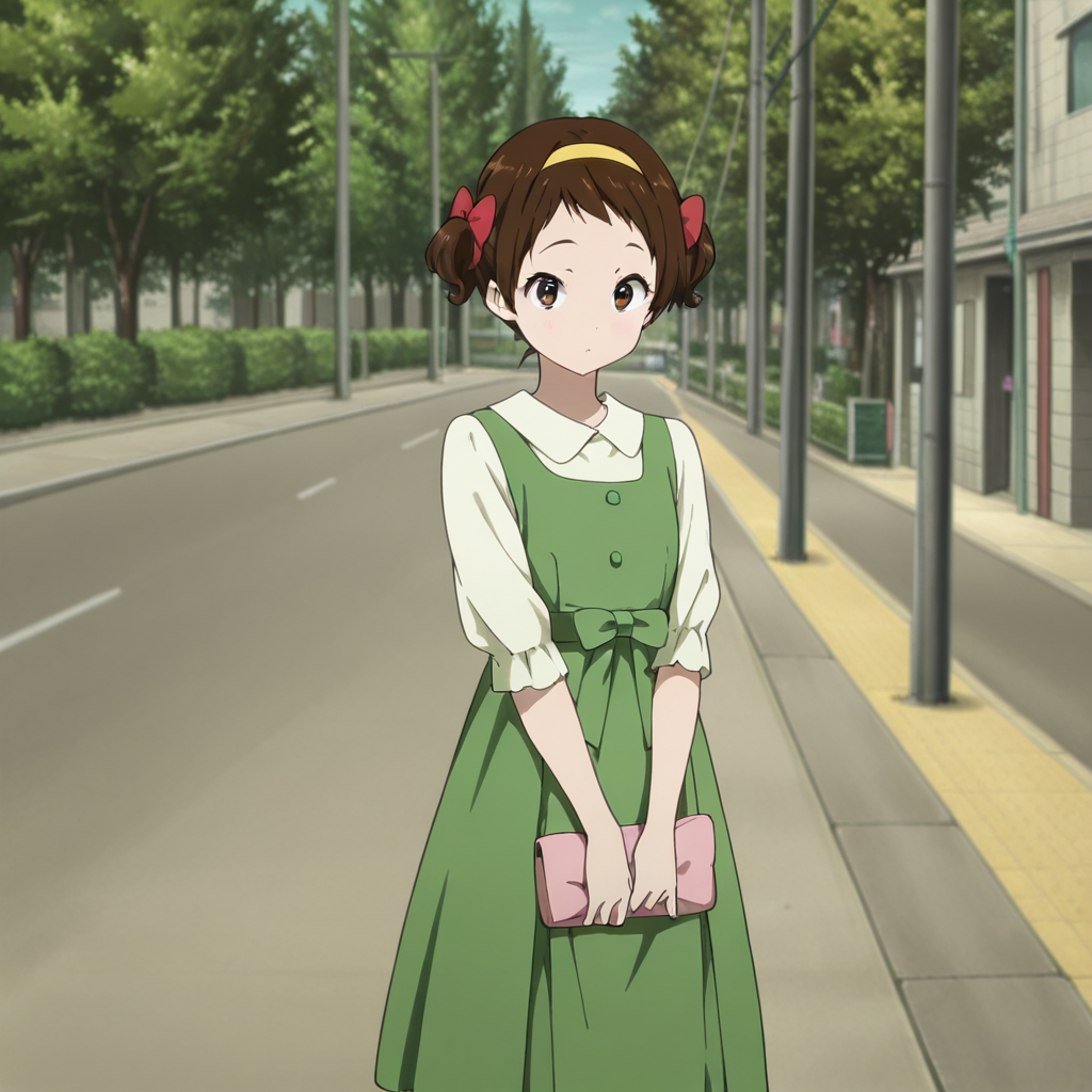 masterpiece, best quality, amazing quality,1girl, solo, kotenbu_series_lbara_mayaka,brown hair, dress, green dress, outdoors, hairband, brown eyes, bag, bow, short hair, tree, hair bow, twintails, handbag, looking at viewer, street, <lora:Ibara_Mayaka_-_Kotenbu_Series:0.7>