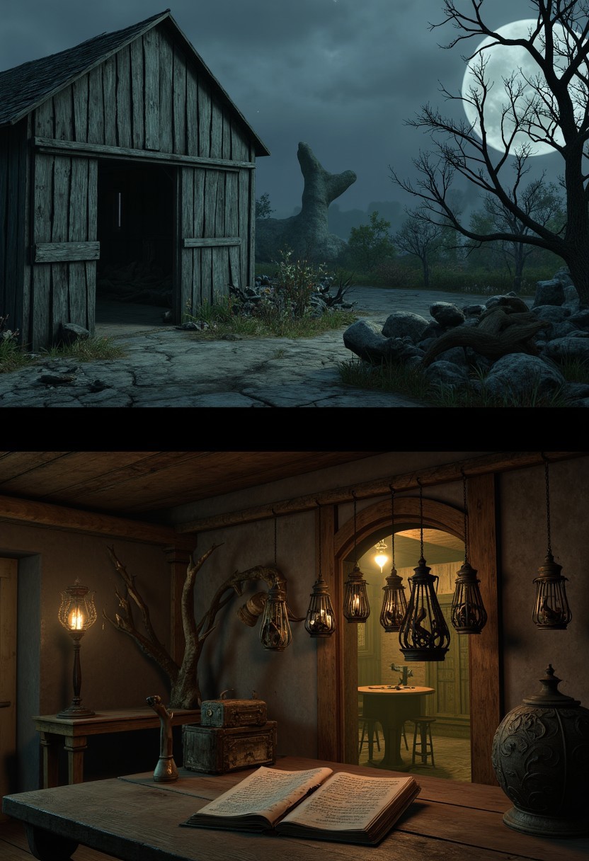 Under a pale moon, twisted trees groan in a barren orchard. A rickety barn leans to one side, its wooden doors creaking in the wind. Inside, dusty farm tools float eerily above rotting floorboards, clattering without any visible hands. A hidden trapdoor opens onto a cramped root cellar lit by flickering green lanterns. Rows of rusted cages hang from the ceiling, each holding strange, half-decayed remains. On a broken table sits a crumbling journal filled with cryptic notes on harvesting the orchard’s cursed fruit.
   , aidmabaldursgate3