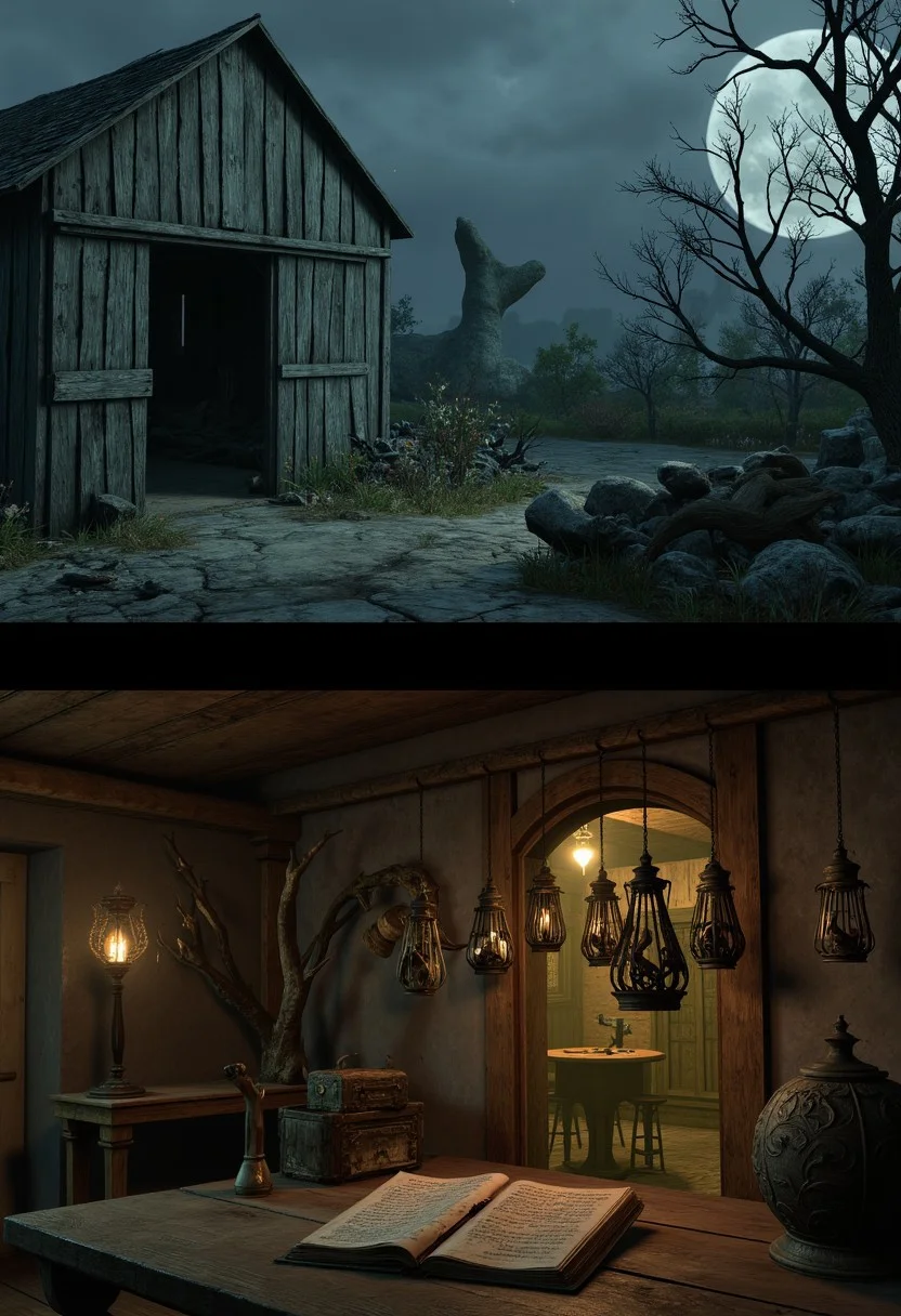 Under a pale moon, twisted trees groan in a barren orchard. A rickety barn leans to one side, its wooden doors creaking in the wind. Inside, dusty farm tools float eerily above rotting floorboards, clattering without any visible hands. A hidden trapdoor opens onto a cramped root cellar lit by flickering green lanterns. Rows of rusted cages hang from the ceiling, each holding strange, half-decayed remains. On a broken table sits a crumbling journal filled with cryptic notes on harvesting the orchard’s cursed fruit.
, aidmabaldursgate3