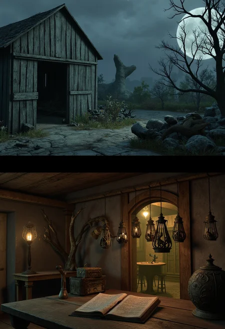 Under a pale moon, twisted trees groan in a barren orchard. A rickety barn leans to one side, its wooden doors creaking in the wind. Inside, dusty farm tools float eerily above rotting floorboards, clattering without any visible hands. A hidden trapdoor opens onto a cramped root cellar lit by flickering green lanterns. Rows of rusted cages hang from the ceiling, each holding strange, half-decayed remains. On a broken table sits a crumbling journal filled with cryptic notes on harvesting the orchard’s cursed fruit.
   , aidmabaldursgate3