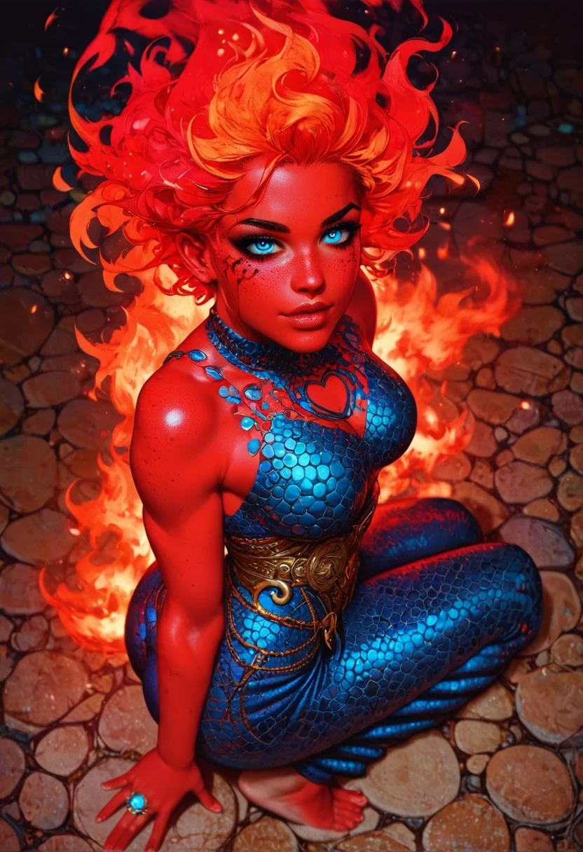 score_9, score_8_up, score_7_up,score_6_up, full body, view from above, Mucha style, perfect face, focus on face,perfect anatomy, focus on face, woman made of fire, fiery skin, red skin, glowing, 1woman, 20 year old woman, a sexy woman poses, mucha background, sexy pose, cute pose, ring of fire, (blue chainmail dress), (blue chainmail skirt), bare feet, pouty, flirty look in eyes, close on face, cavern, underground, ((fiery red hair)), ((short hair)), heavy pin-up eyeliner, freckles, EGirlMakeup, neon colors, large breasts, perfect face, thin waist, heart-shaped ass, bubble butt, bright glowing blue eyes, on fire, dripping fire
Hide