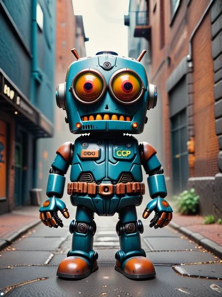 [photo focus on  robopop robot in keystone cop uniform, (one-eyed:1.3), street
 <lora:Robopop:0.75>, , film, professional, 4k, highly detailed, absurdres, detailed, macro details, 8k, hyper realistic, texture surface details] logo in grafitti style font, key visual, hdr, simple background, by, form, orange green red blue theme