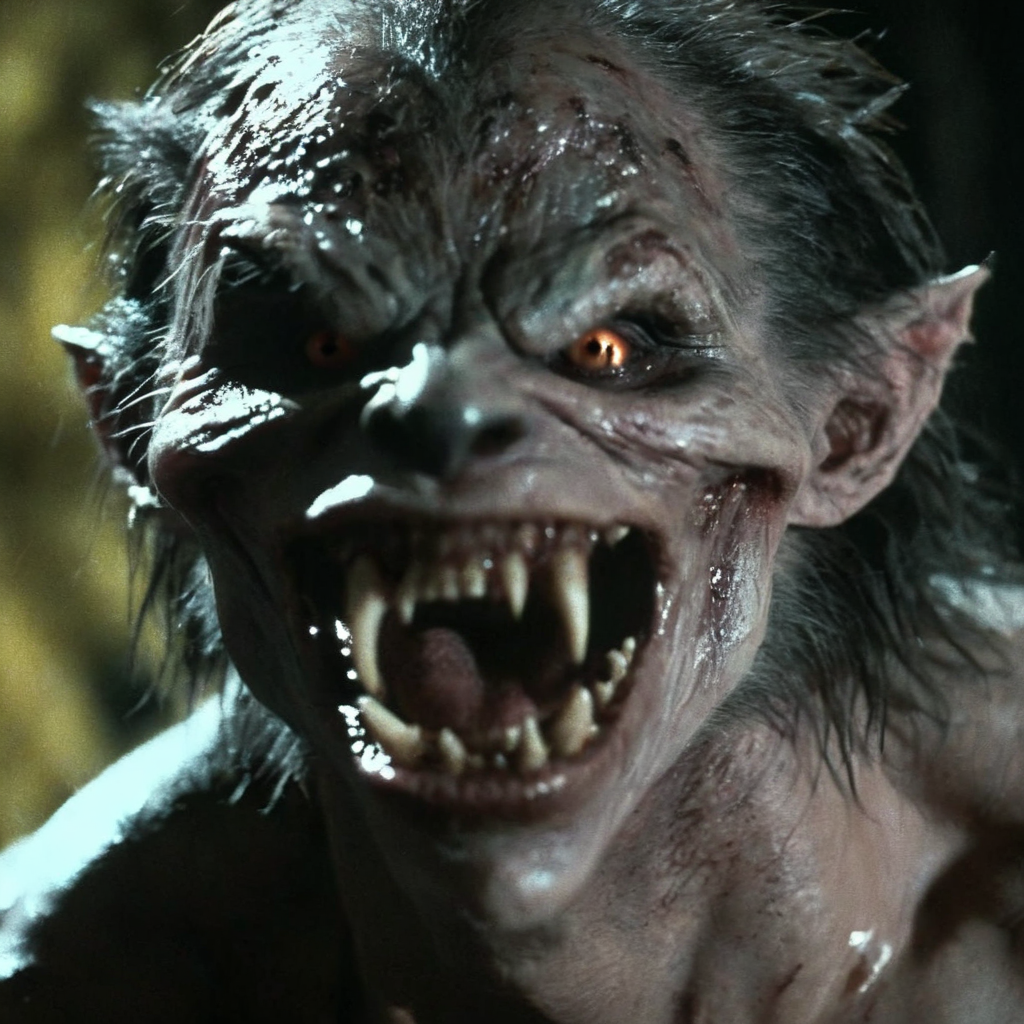 Horror-themed,  <lora:Fright Night 1985 Film Style:1>
Cinematic Closeup Shot Film Footage captured by Panavision Cameras and Lenses, vampire naked Werewolf creature a creepy looking creature with a big grin and creepy teeth, staring at camera, Fright Night 1985 Film Style, Eerie, unsettling, dark, spooky, suspenseful, grim, highly detailed