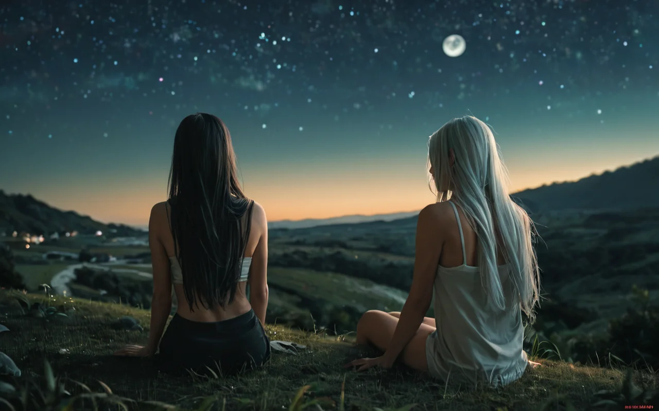 score_9, score_8_up, score_7_up, score_6_up, score_5_up, score_4_up, BREAK, (source_real:1.5),
scenery, landscape, moon, night, starry_sky, blue_theme, from_behind, upper_body
female, (white_hair:1.3), (absurdly_long_hair:1.5), (sitting_on_ground:1.3), casual,
<lora:CinematicStyle_v1:1.0> <lora:add-detail-xl:2.0> <lora:MJ52:0.5>