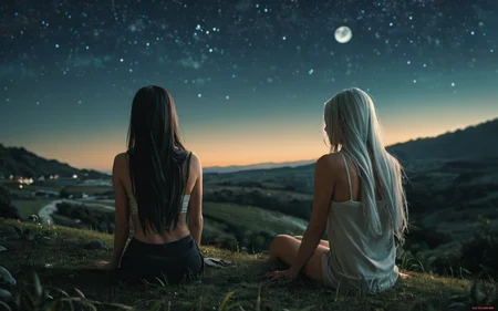 score_9, score_8_up, score_7_up, score_6_up, score_5_up, score_4_up, BREAK, (source_real:1.5),
scenery, landscape, moon, night, starry_sky, blue_theme, from_behind, upper_body
female, (white_hair:1.3), (absurdly_long_hair:1.5), (sitting_on_ground:1.3), casual,
<lora:CinematicStyle_v1:1.0> <lora:add-detail-xl:2.0> <lora:MJ52:0.5>