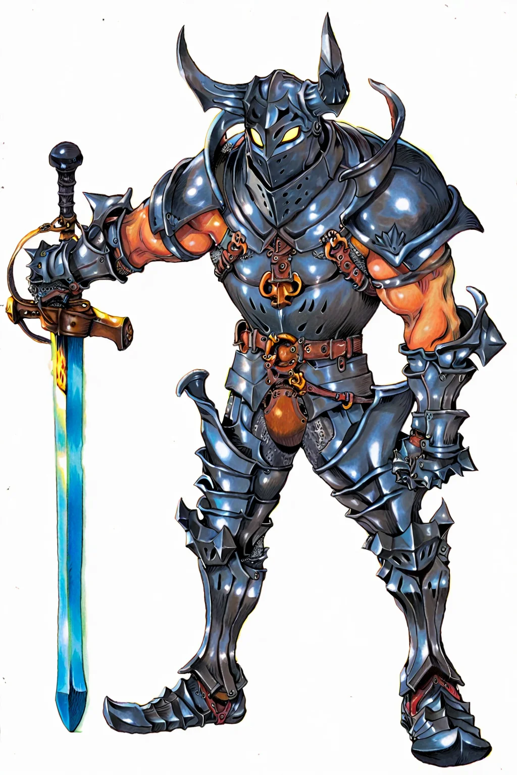 masterpiece,best quality,amazing quality,rakugakingu, traditional media, GOHAGO, 1boy, very muscular, bare arms, pauldrons, horned helmet, glowing eyes, yellow eyes, gorget, full armor, codpiece, gauntlets, greaves, solo, holding sword, huge sword, white background