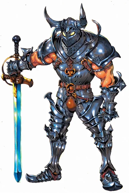 masterpiece,best quality,amazing quality,rakugakingu, traditional media, GOHAGO, 1boy, very muscular, bare arms, pauldrons, horned helmet, glowing eyes, yellow eyes, gorget, full armor, codpiece, gauntlets, greaves, solo, holding sword, huge sword, white background