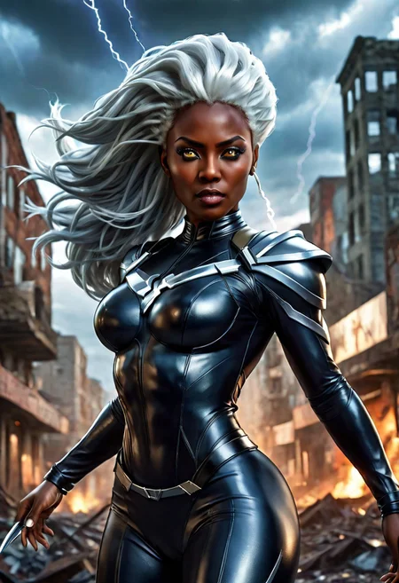 UltUltra detailed digital art masterpiece, Hyperdetailed, hyperrealism, extremely high resolution of Beautiful black Superheroine Ororo Munroe as Storm, Greg Rutkowski style, stands in a bloody, sinister battle in the streets of a ruined city, Realistic brown eyes, wavy grey hair, Intricately designed cool X-Men Superheroine combat costume with X logo, Marvel, X-Men, 8K, deep color, Cinematic Lighting, intricate smooth, sharp focus digital painting, Artgerm, WLOP, Greg Rutkowski, Beautiful 21 years old Ororo Munroe as Storm, Intricately Designed handsome black face, Marvel comics, Realistic combat dirty clothing, perfect whole athletic body, defiant and seductive, Photograph Taken on Nikon D750, Intricate Elegant, Digital Illustration, Scenic, Unreal Engine, CryEngine, Octane Render, 8k, Designed combat clothes, Attractive, Attractive black woman, dramatic lighting, wet and sweaty skin, beautiful firm Breasts, Daylight, Concept art by Greg Rutkowski, adding to the intense and dynamic atmosphere of the scene