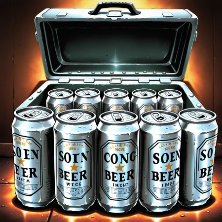 masterpiece, best quality, sotvoa, safe, no human, beer can in a beer cooler with ice