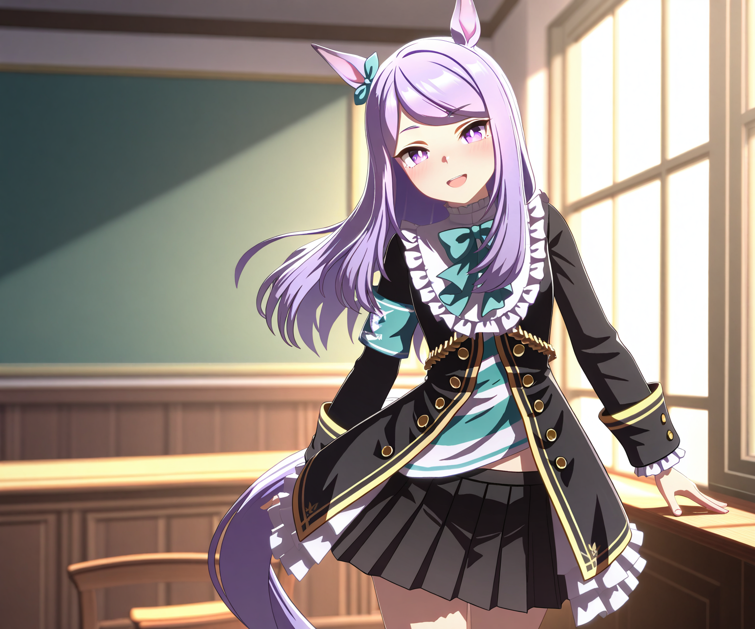 masterpiece, best quality, amazing quality, , 1girl, solo, looking at viewer,   cowboy shot, smile, open mouth,  <lora:Mejiro Mcqueen in game style 3D ILL-v2:1> ummsmingame, 3d, mejiro mcqueen (umamusume), black skirt