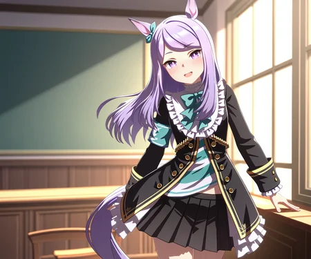 masterpiece, best quality, amazing quality, , 1girl, solo, looking at viewer, cowboy shot, smile, open mouth, <lora:Mejiro Mcqueen in game style 3D ILL-v2:1> ummsmingame, 3d, mejiro mcqueen (umamusume), black skirt