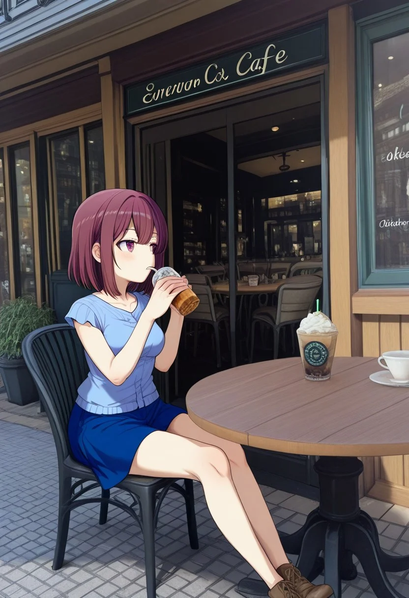 great quality,1girl,solo,looking away,medium breasts,ENStyle,,(almic,akakura,ogipote,dikko:0.7), (sincos:0.6),,photo background,depth of field, scenery,street, table,outdoors, sitting,drinking,European cafe, pavement