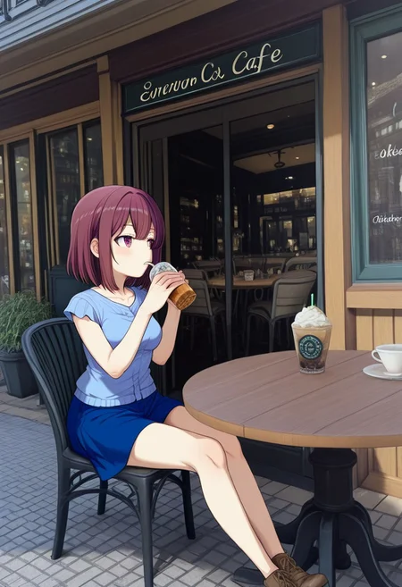 great quality,1girl,solo,looking away,medium breasts,ENStyle,,(almic,akakura,ogipote,dikko:0.7), (sincos:0.6),,photo background,depth of field, scenery,street, table,outdoors, sitting,drinking,European cafe, pavement