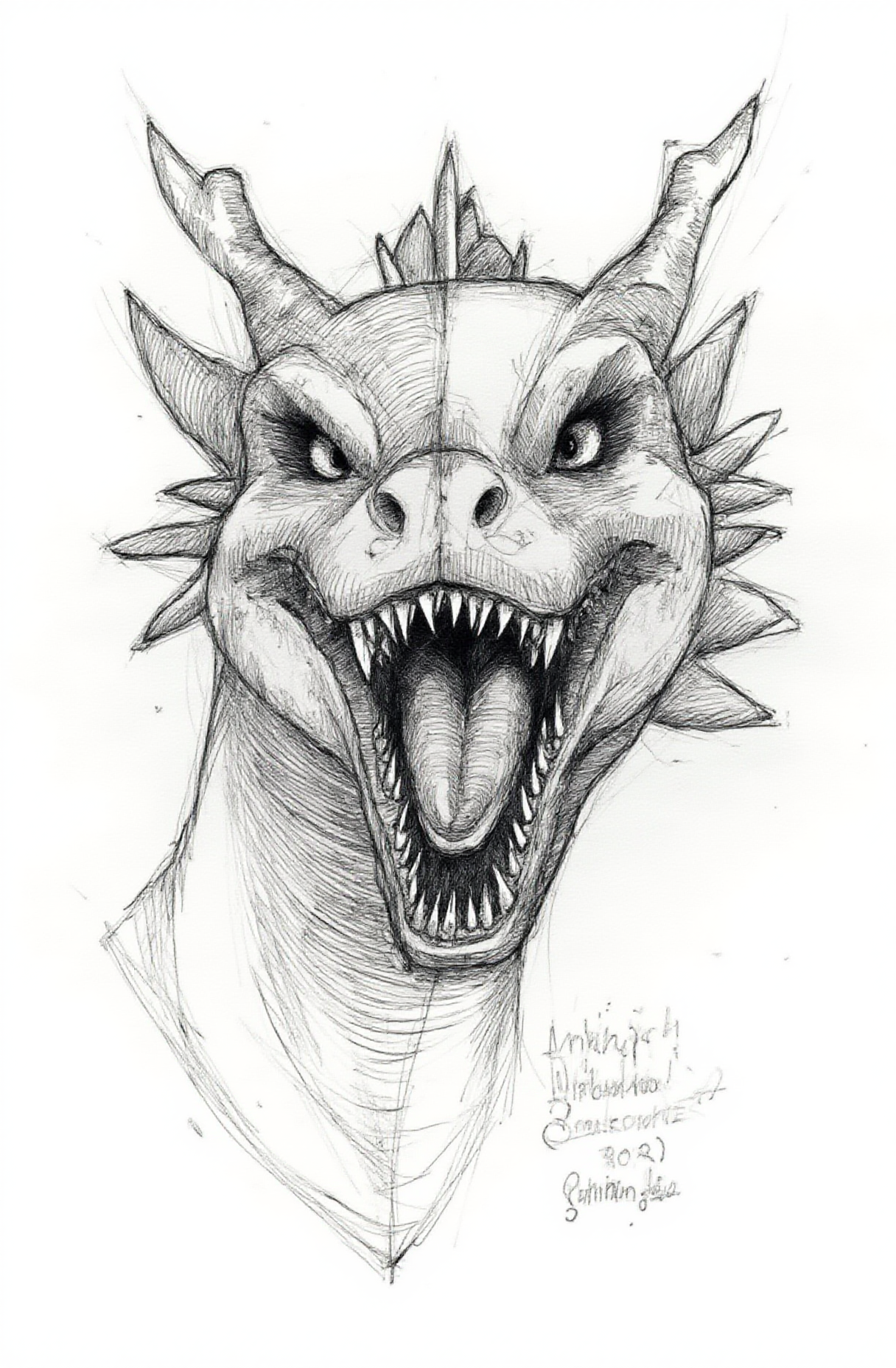 Sharp image of a rough sketch, rendered in vibrant multi colour ballpoint pen, capturing the adorable features of a black and white illustration of a dragon's head. The dragon has a fierce expression with its mouth wide open, revealing sharp teeth and sharp fangs. Its eyes are piercing and its mouth is slightly open, as if it is roaring. The head is covered in spikes and horns, giving it a fierce and intimidating appearance. The overall style of the illustration is sketch-like, with bold lines and shading to give it a realistic appearance.  p3nsk, <lora:p3nsk:1>
