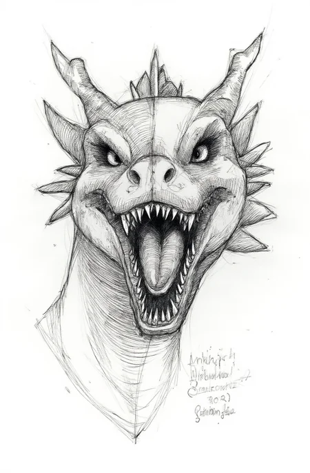 Sharp image of a rough sketch, rendered in vibrant multi colour ballpoint pen, capturing the adorable features of a black and white illustration of a dragon's head. The dragon has a fierce expression with its mouth wide open, revealing sharp teeth and sharp fangs. Its eyes are piercing and its mouth is slightly open, as if it is roaring. The head is covered in spikes and horns, giving it a fierce and intimidating appearance. The overall style of the illustration is sketch-like, with bold lines and shading to give it a realistic appearance. p3nsk, <lora:p3nsk:1>