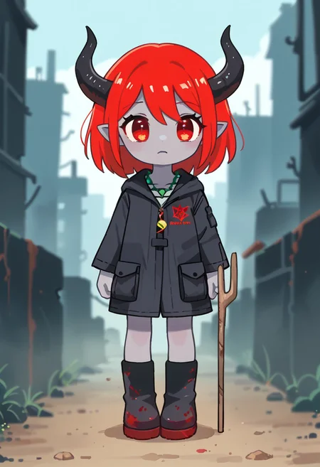 score_9, score_8_up, score_7_up, BREAK
highres, highly detailed, high resolution, high quality,
source_anime, anime screencap, saturation, vivid colors,
1girl, solo, luce, full body, standing, demon girl,
(dark red hair:1.2), (big dark red eyes:1.1), medium hair, cute, (grey skin:1.1), (horns:1.2),
(long black raincoat:1.1), black rubber boots,
pentagram necklace, holding one red trident,
stkyswt
blurry background, bokeh, city ruins background, street, dust,
outlines,