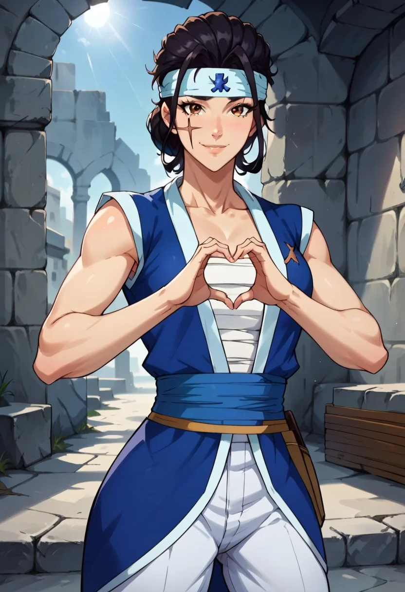 MelkTRK, 1girl, solo, pale-skinned girl, muscular frame, beautiful girl, black hair, hair ornament, hair bun, headband, brown eyes, scar on face, sarashi, jacket, white pants, sash, belt, black boots, cross-shaped scar,
seductive pose, sexy pose, tease, in the spotlight,smile, ruins, heart hands,
score_9, score_8_up, score_7_up, beautiful aesthetic, very intricate, high quality details,vibrant, highly detailed, award-winning, professional,anime artwork, anime style, studio anime, athletic, curvy body, athletic girl, perky tits,large breast,perfect tits, round breasts, nipple outline,looking at viewer, pinup pose,teasing, dynamic lighting, cinematic, smug, better than you, aura of temptation, highly detailed, high resolution, masterpiece, detailed clother, detailed background, highly detailed, ((sound effects)) comic layout,