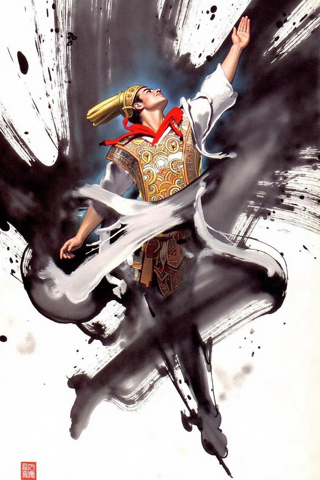 chenu1 illustration.
An elegant and dynamic depiction of the profile of a traditional warrior in mid-motion, painted with expressive brushstrokes. The figure is dressed in a flowing, white robe with detailed red and gold accents, including a golden headdress. The warrior’s pose is looking upward, with one arm extended upward toward the sky. Abstract, sweeping black ink strokes form a dramatic background, emphasizing movement and energy while blending traditional and modern artistic styles.
<lora:chenu2_poster_cap_d6a3:1.0><lora:822499019289898890:0>