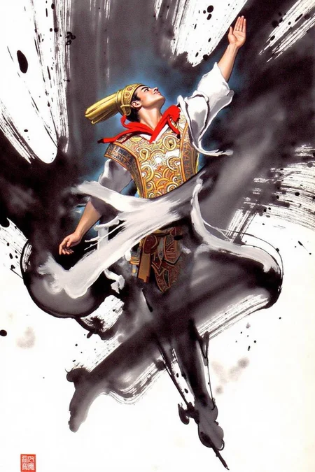 chenu1 illustration.
An elegant and dynamic depiction of the profile of a traditional warrior in mid-motion, painted with expressive brushstrokes. The figure is dressed in a flowing, white robe with detailed red and gold accents, including a golden headdress. The warrior’s pose is looking upward, with one arm extended upward toward the sky. Abstract, sweeping black ink strokes form a dramatic background, emphasizing movement and energy while blending traditional and modern artistic styles.
<lora:chenu2_poster_cap_d6a3:1.0><lora:822499019289898890:0>