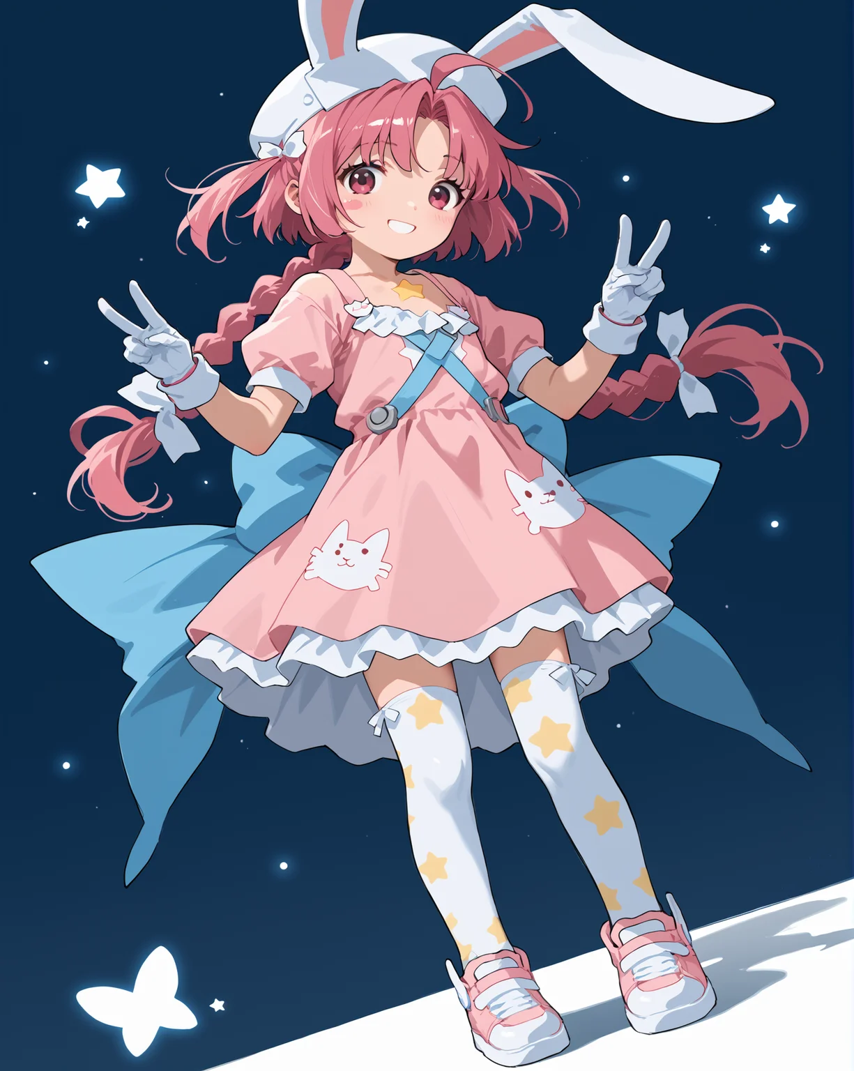 PonyScores7, source_anime, rating_safe, ah1, 1girl, lips, bad-hands-5, <lora:xl_more_art-full_v1:0.2>, <lora:shinyskin2:0.2> glistening skin, <lora:aesthetic_anime_v1s:0.2>, <lora:Expressive_H:0.2> Expressiveh, <lora:hairdetailpxl:0.2> hairdetailpxl, <lora:EpicF4nta5yXL:0.2>, <lora:detailxl:0.2> detailxl, <lora:Fant5yP0ny:0.2>, best quality, amazing quality, best aesthetic, absurdres, <lora:expressive eyes:0.2> expressive eyes, <lora:eyedetailpxl:0.2> eyedetailpxl, illustration, Volumetric_Lighting, ultra-detailed, very aesthetic, intricate details, 8k, masterpiece, best_quality, (Smiling face with hearts), (Dutch Angle (from behind) view Extreme Close shot (focus on chest)), (witnessing the birth of new stars near the galactic core, the spaceship documenting the awe-inspiring event), (fox shadow puppet), <lora:Eyes_High_Definition:0.3> EyesHD, looking at viewer, Stable_Yogis_PDXL_Positives, AS-Adult, <lora:nakahara_komugi_pony_v1:0.8> nakahara_komugi, pink hair,hat, animal ears, braid, pink eyes, ahoge, long hair, rabbit ears, wings, star print, jewelry, star (symbol), dress, white gloves, stickers, zettai ryouiki, print thighhighs, winged footwear,