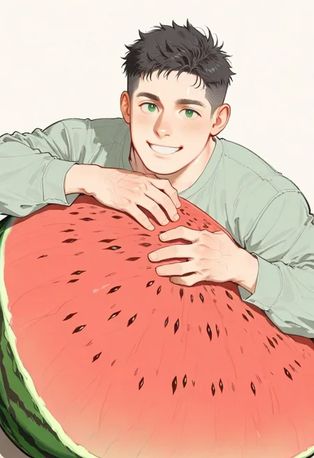 hu99y, 1boy, male, 30 yo, mature, grin, (in pile of oversized watermelon:1.7), (holding a giant watermelon:1.3), long-sleeves, green shirt, (oversized watermelon), spiky_hair, green_eyes, masterpiece, best quality, amazing quality, very aesthetic, high resolution, ultra-detailed, shiny skin, absurdres, newest, detailed eyes, detailed hair, newest, intricately, look at viewer, (from above), blush, (perfect hand:1.3), glistening skin, realistic, cute pose