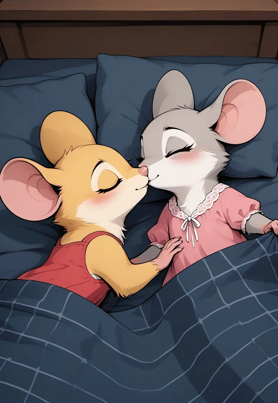 safe_pos, score_9, score_8_up, score_7_up, score_6_up, score_5_up, score_4_up, (duo:2), (feral), indoors, ((pillows)), (lying on bed), (under blankets:2), female, m0use_goldie, ncpy45 style watercolor, (cute:1.5), romantic, (kissing:2) (close up, head focus, head shot:2), (night:1.5), high angle view,
BREAK
(mouse, female, (eyes closed), yellow fur, yellow ears, blue nightgown)
BREAK
(mouse, female, eyes closed, grey fur, grey ears, pink nightgown)
