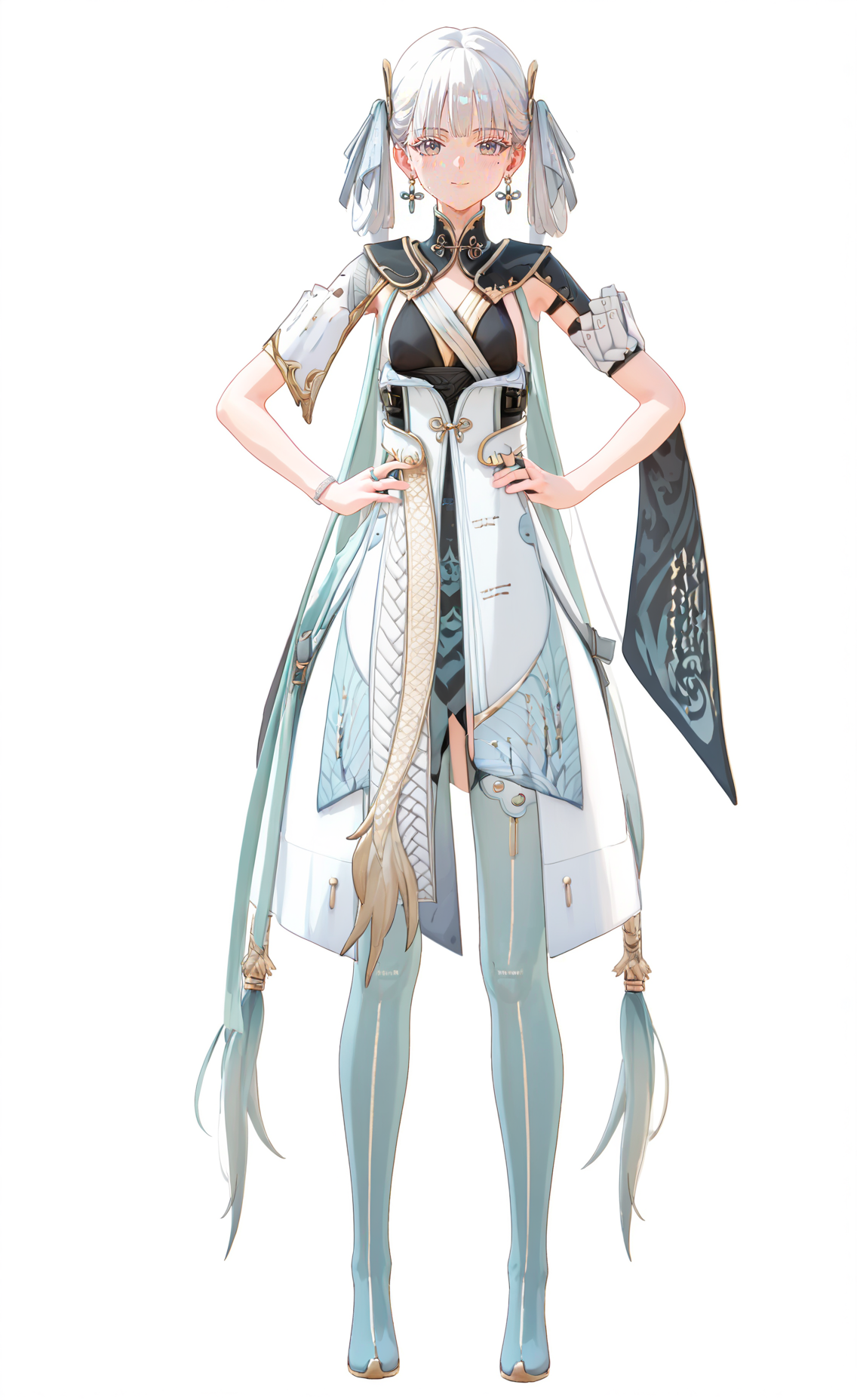 score_9, score_8_up, score_7_up, 8k, best quality, masterpiece, (ultra-detailed), (high detailed skin), (white background:1.3), 
(full body:1.2), (white background), standing, looking at viewer, (solo:1.2), hands on hips, 
<lora:Jinxi-pony-Tanger:0.8>, Jinxi, Jinxi's def clothes, 1girl, jewelry, dress, long hair, white hair, mole under eye, 
(beautiful_face), ((intricate_detail)), clear face, pale skin, 
((finely_detailed)), fine_fabric_emphasis, 
((glossy)), full_shot,