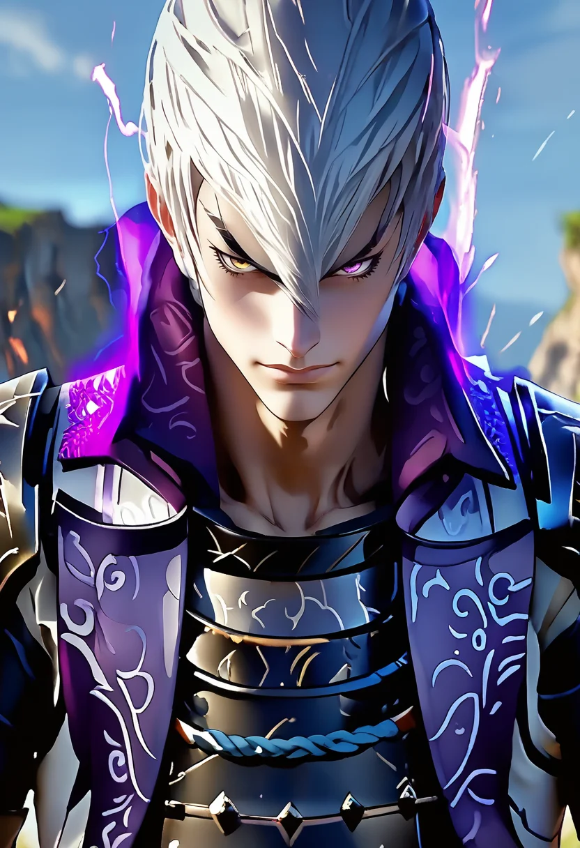 source_anime, (masterpiece), (best quality), score_9, score_8_up, score_7_up, (masterpiece:1.2), (best quality:1.3), 1boy, <lora:Mitsunari_Ishida_Sengoku_Basara:0.8> misshi_sgbs, popped collar, armor, hair between eyes, white hair, looking at viewer, angry expression, portrait, purple aura, katana, masterful composition, dynamic movement <lora:Anime Style (Vauxz) PONY:0.8>, low-key lighting, lo-fi, glow, dynamic cinematic lighting, ray_tracing, global illumination