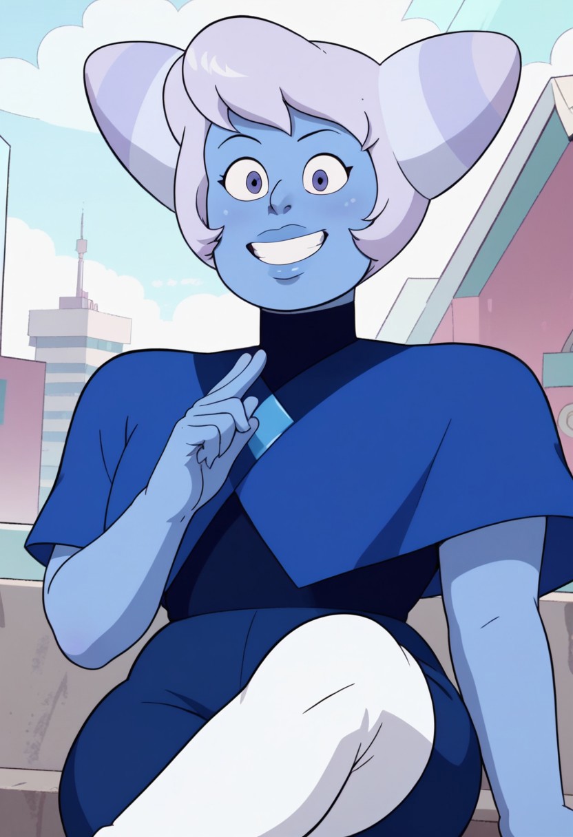 ((city background)),score_9, score_8_up, score_7_up,score_6_up, 
1girl, Solo, HollyBlueAgate_SU, periwinkle blue skin, violet eyes, pale lavender hair, two pointed side buns, plump lips, night blue top with a high collar, blue shawl with a darker blue collar, light blue diamond symbol on chest, royal blue pants, white thigh-high high-heeled jackboots, social smile, big eyes, sexy face, close-up, face photo, perfect eyes, perfect smile