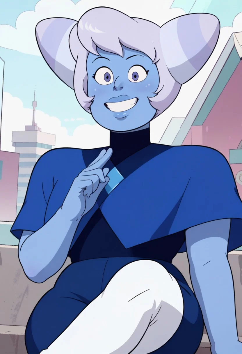 ((city background)),score_9, score_8_up, score_7_up,score_6_up,
1girl, Solo, HollyBlueAgate_SU, periwinkle blue skin, violet eyes, pale lavender hair, two pointed side buns, plump lips, night blue top with a high collar, blue shawl with a darker blue collar, light blue diamond symbol on chest, royal blue pants, white thigh-high high-heeled jackboots, social smile, big eyes, sexy face, close-up, face photo, perfect eyes, perfect smile