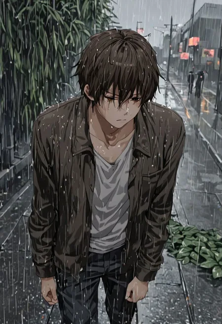 Highres, Masterpiece, High Quality, 4K, 8K, solo, 1Boy, Seiya Kanie, short dark brown hair, golden eyes, footpath, urban, wet, slippery, heavy rain, overcast, dark, drenched, weak, beaten, looking down, sad, helpless, careless, heartless, wet hair, withered plants, easynegative, detailed_eye_model