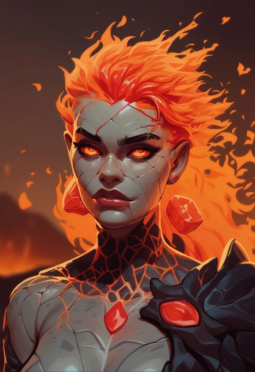 score_9, score_8_up, score_8, score_7_up, score_7, score_6_up, score_6, score_5_up, Score_5, GenasiEarth, metal skin, marble skin, stone skin, stone inclusions, red gems inclusions, (fire hair:1.5), red glowing cracks,, vox machine style, 1girl, female focus, solo, close up portrait, fantasy, volcano background, (dynamic lighting:1.1) ((masterpiece))