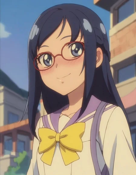 score_9, score_8_up, score_7_up, anime screencap, solo, 1girl, hishikawarikka, smile, sailor collar, school uniform, blue sailor collar,yellow bow ,cowboy shot,medium breasts,blush,glasses<lora:hishikawarikka:0.8>