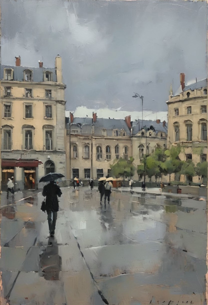 detailxl, easynegative, in the style of malcolm-liepke, Landscape Render, no humans, BREAK, wind, grey sky, rain, old town square