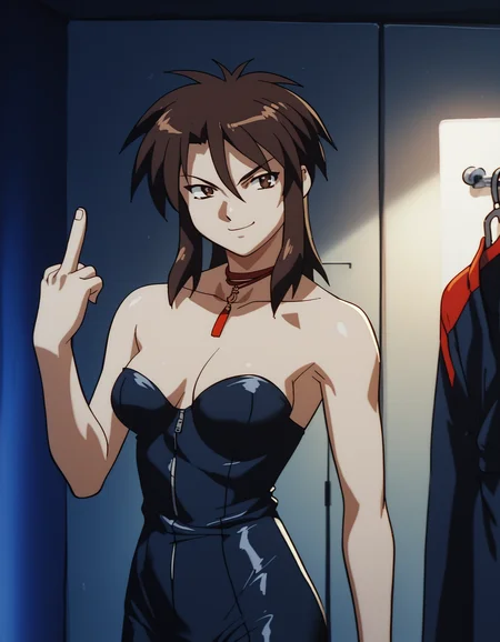 score_9, score_8_up, score_7_up, source_anime, <lora:priss-v3-ponyxl-000005:1> 1girl, solo, looking at viewer, priss, brown eyes, ribbon choker, bodysuit, bare shoulders, dressing room, indoors, night, dark, dim lighting, smirk, middle finger