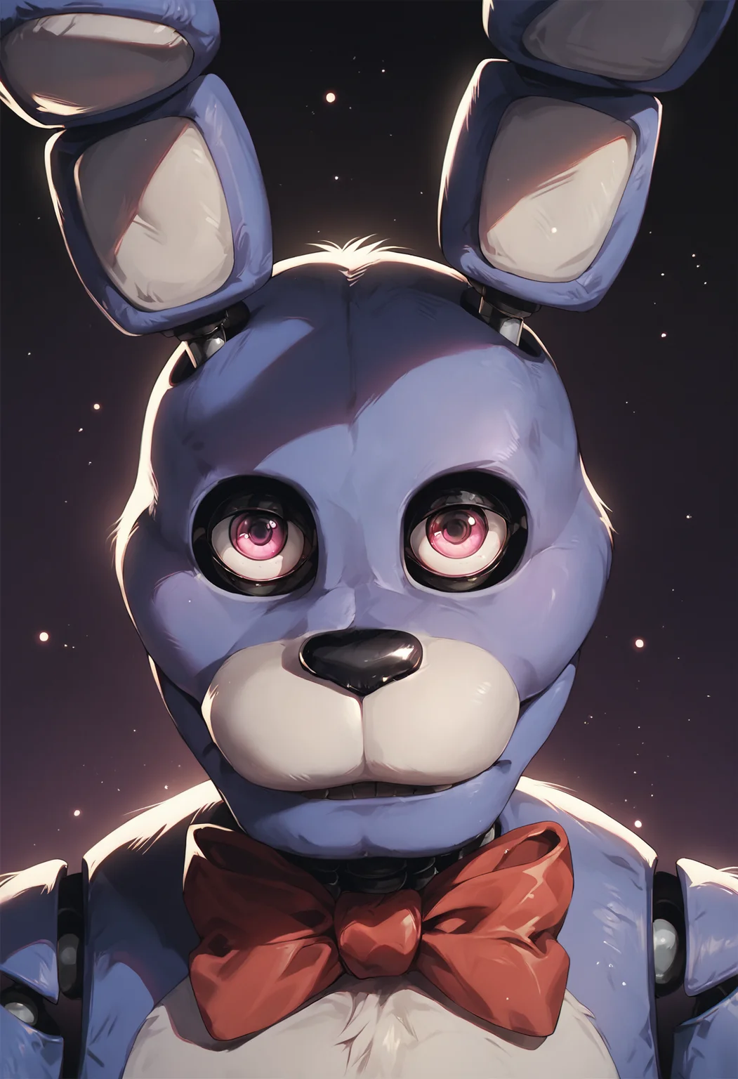score_9, score_8_up, score_7_up, score_6_up, solo, (bonnie, animatronic), pink eyes, rabbit, fnaf, red bow tie, close-up, portrait, cover, looking at viewer, purple background, bright background, detailed, detailed face, correct, light particles, close mouth <lora:Bonnie-v1:0.92> <lora:Pony_DetailV2.0:1>