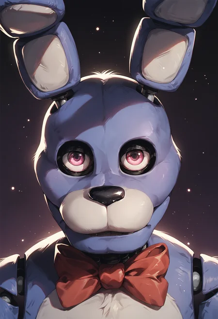score_9, score_8_up, score_7_up, score_6_up, solo, (bonnie, animatronic), pink eyes, rabbit, fnaf, red bow tie, close-up, portrait, cover, looking at viewer, purple background, bright background, detailed, detailed face, correct, light particles, close mouth <lora:Bonnie-v1:0.92> <lora:Pony_DetailV2.0:1>