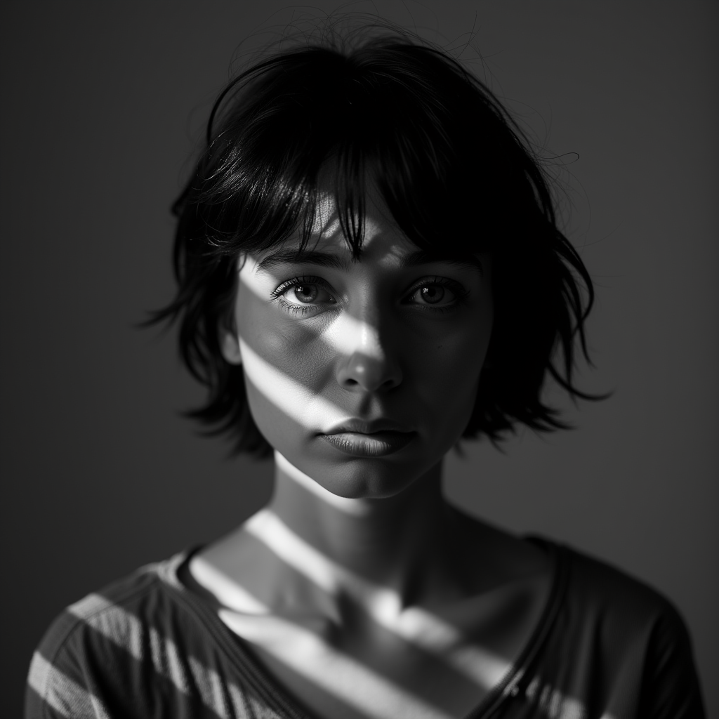 <lora:casting shadows style v1:1>
cucoloris,  light modifier, casting shadows, A cucoloris patterned illumination casting a horizontal rectangle strip shadow on a woman with a horizontal shadow on her face, 1girl, solo, looking at viewer, short hair, simple background, monochrome, upper body, greyscale, grey background, mole, hair over one eye, messy hair, portrait, cinematic, film, filmic, casting shadow, venetian blinds casting shadow light, shadow on face, face partially covered in shadow, different shadow, window casting shadow light, cinematography, detailed, detailed background, detailed face, high quality, 8k, cuculoris, kookaloris, cookaloris or cucalorus, light modifier, different light pattern, creative light, unique shadow, casting shadow style, shadow, long hair