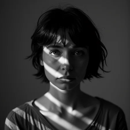 <lora:casting shadows style v1:1>
cucoloris, light modifier, casting shadows, A cucoloris patterned illumination casting a horizontal rectangle strip shadow on a woman with a horizontal shadow on her face, 1girl, solo, looking at viewer, short hair, simple background, monochrome, upper body, greyscale, grey background, mole, hair over one eye, messy hair, portrait, cinematic, film, filmic, casting shadow, venetian blinds casting shadow light, shadow on face, face partially covered in shadow, different shadow, window casting shadow light, cinematography, detailed, detailed background, detailed face, high quality, 8k, cuculoris, kookaloris, cookaloris or cucalorus, light modifier, different light pattern, creative light, unique shadow, casting shadow style, shadow, long hair