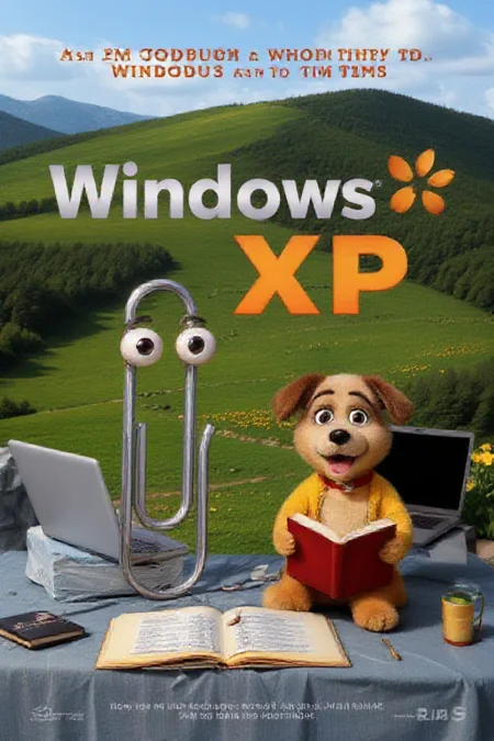 (masterpiece, absurdres, best quality,) perfection style, mvpstr, Epic Movie Poster for "Windows XP", "Windows" is in silver lettering while "XP" is in orange lettering, clippy, looking up, next to a dog with his tongue out yellow fur red collar and large brown floppy ears sitting and holding a open book with a crimson cover, behind a laptop, in front of the Bliss background, green hill, clouds, yellow flowers, no humans, 3-D cartoon, rendered by Pixar